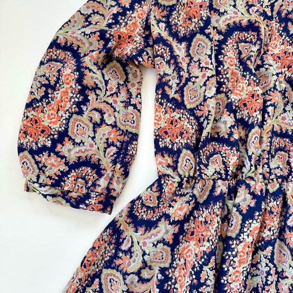 Lush Womens Navy Peach Paisley Print Wrap Mini Dress Flare 3/4 Sleeve Size Small - Picture 6 of 13